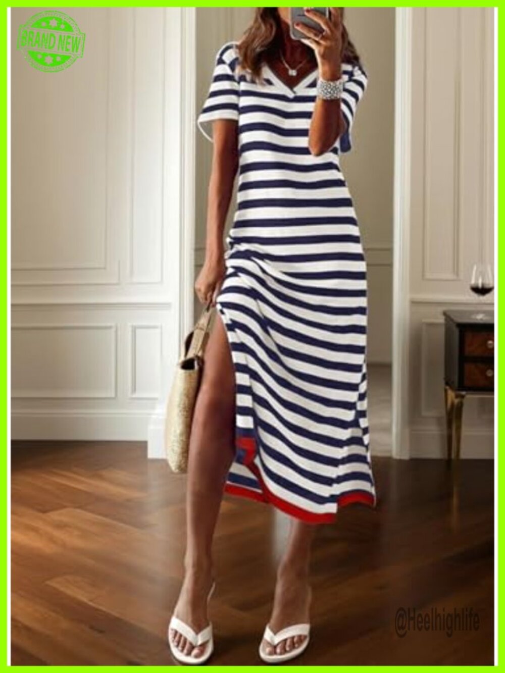 Short Sleeve Maxi Dress Striped Split Vacation Color Block T Shirt Dress - Picture 2 of 7